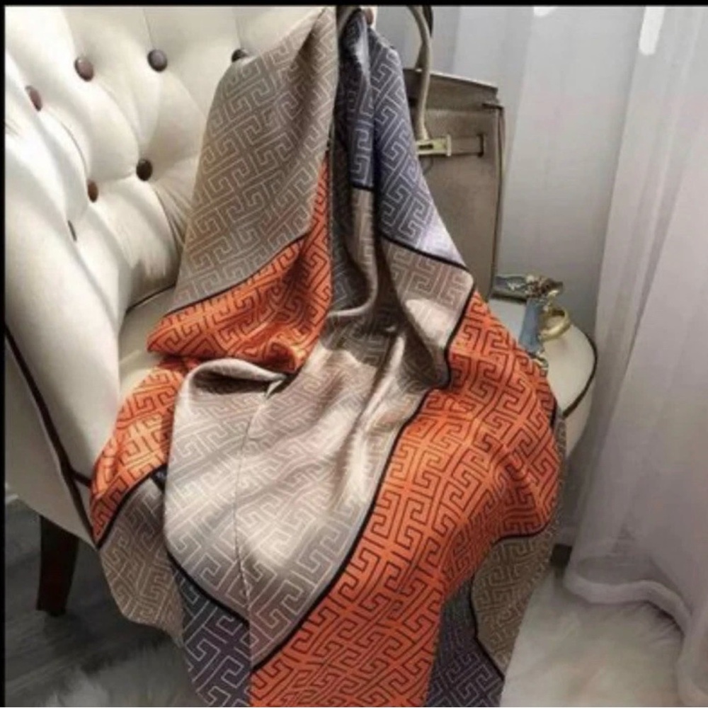 Silk scarf Geometric Patterned in Orange and Gray